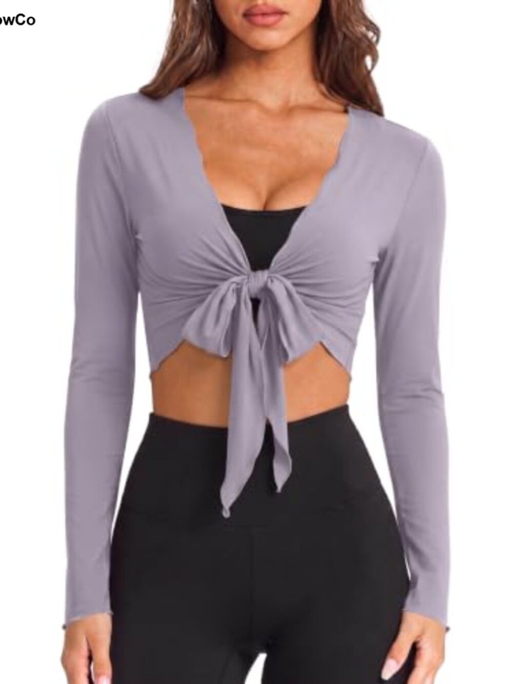 Ballet Wrap Top Self Tie V Neck Long Sleeve Cropped Pilates Workout